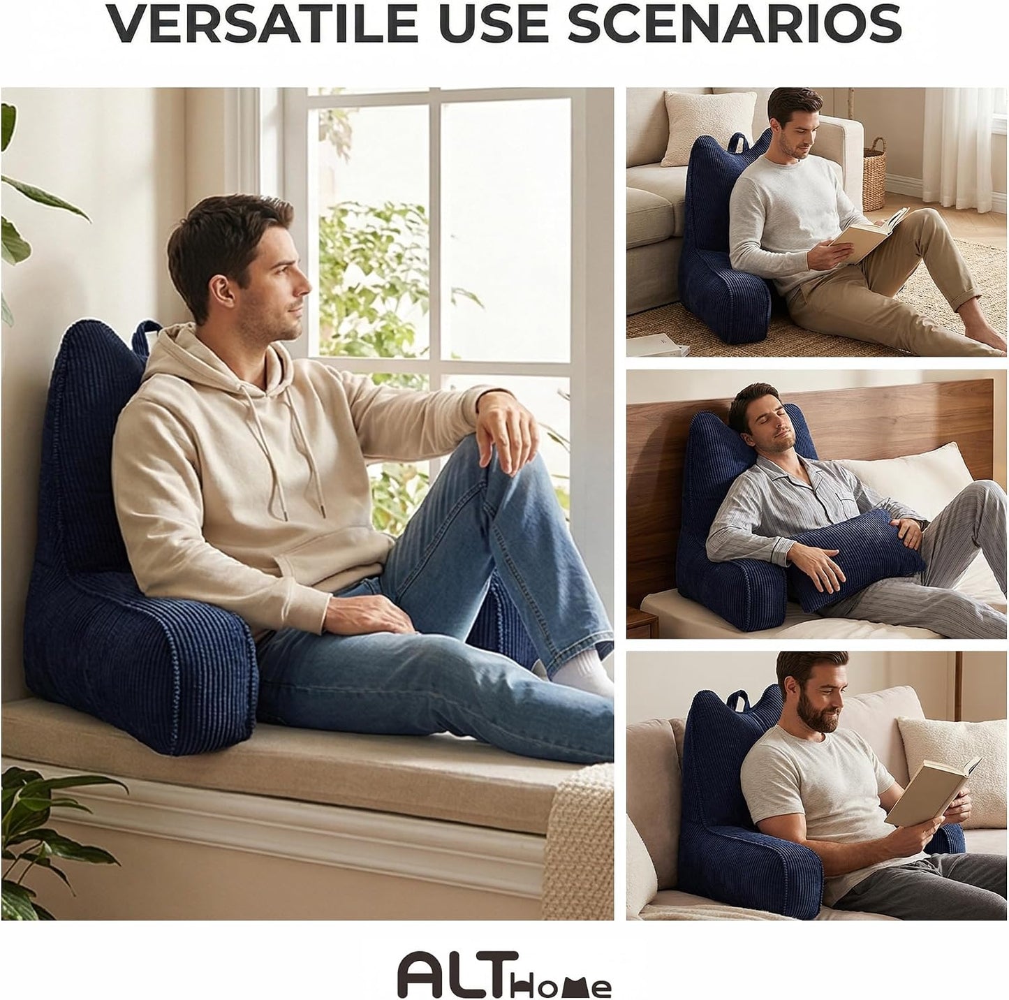 Patented Design Reading Pillow with Arms for Sitting Up, 2-in-1 Bed Rest Pillow with Detachable Lumbar Support, Backrest Support Cushion for Couch with Side Pockets & Handle, Beige Gray