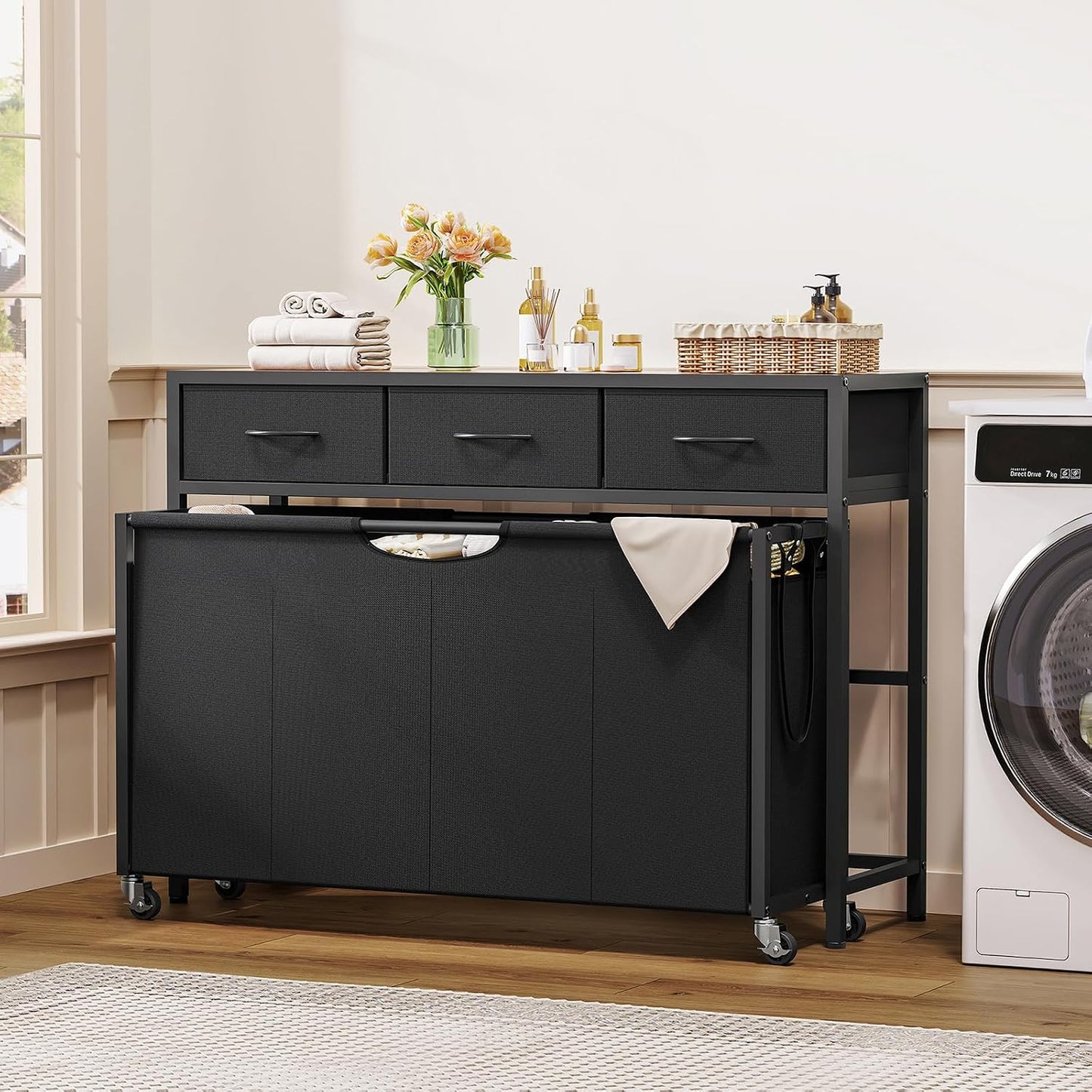 Laundry Sorter, Rolling Laundry Hamper with 3 Section Pull-Out Bags, Laundry Basket Organizer with 2 Drawers & 2-Tone Top Panel, Laundry Hamper with Wheels for Laundry Room Organization, Bathroom