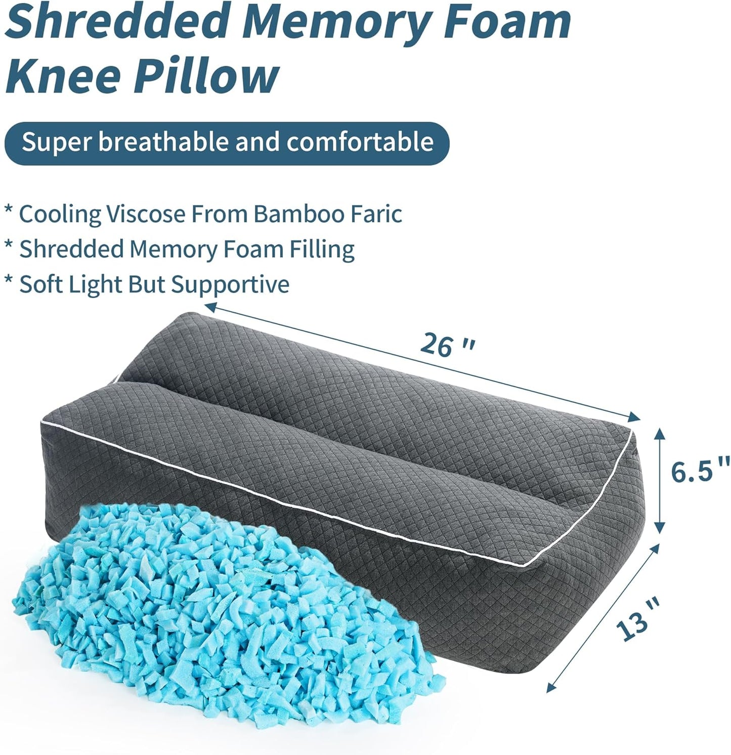 HOMBYS Shredded Memory Foam Knee Pillow for Side Sleepers, 6.5" Height Pillow Between Legs for Aligns Spine & Relieves Pressure Hip & Leg Elevation, Supportive Pillow for Pregnancy, Sciatica, White