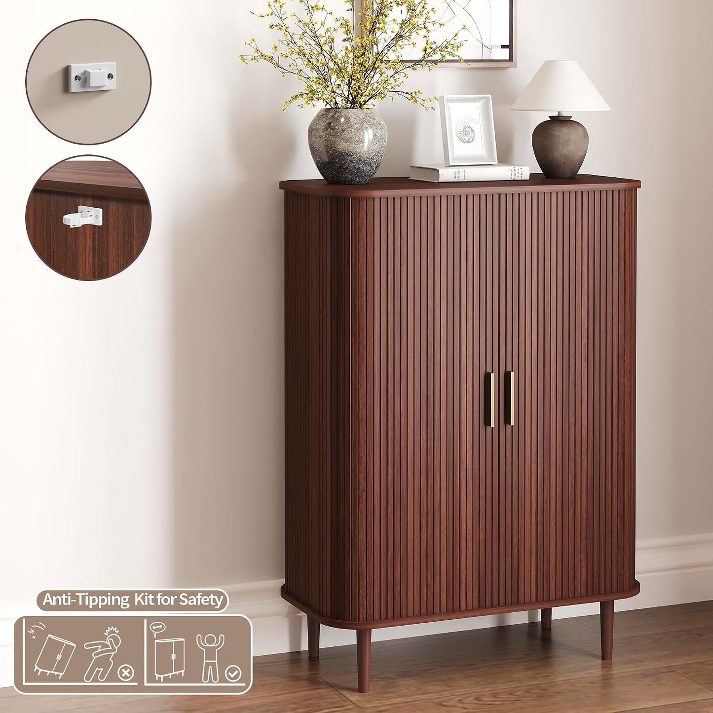 DHH Shoe Storage Cabinet with Sliding Door, 6-Tier Shoe Cabinet with Adjustable Shelves, Modern Freestanding Shoe Storage Organizer for Entryway, Hallway, Living Room (Walnut, 47 ")