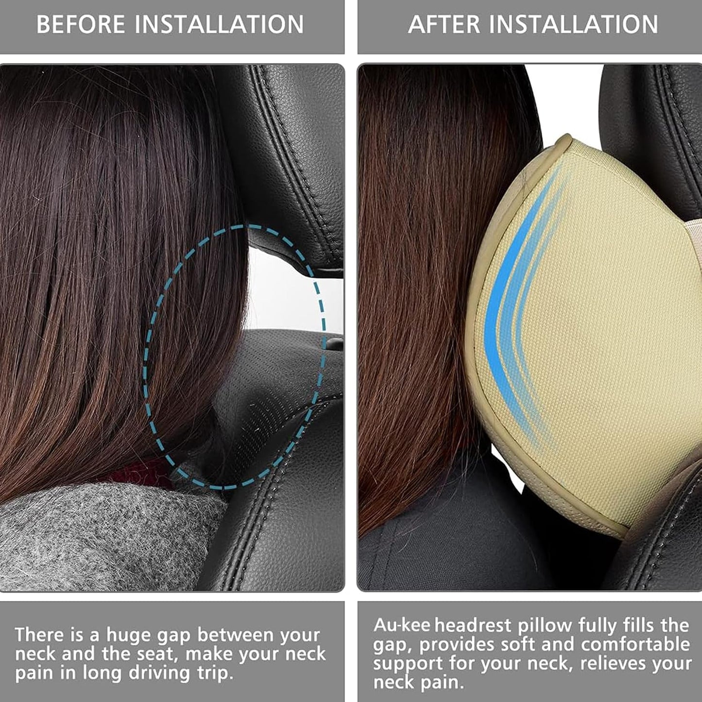 Aukee Car Headrest Pillow Memory Foam Car Neck Pillow with Adjustable Strap Soft Leather Headrest for Driving Home Office Black (1PC)