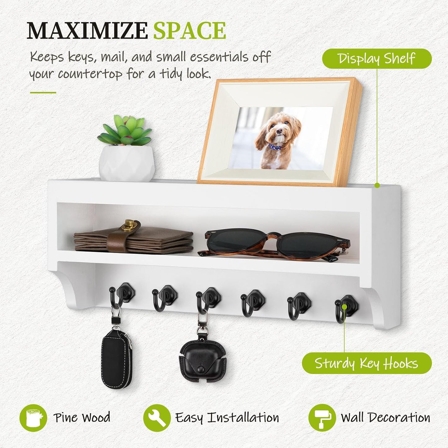 Nekon Key Holder Wall Mount, Pine Wooden Mail Organizer, White | 12.8"W x 5.6"H x 3.7"D Wall Mounted Key and Mail Organizer with 6 Key Hooks, Key Rack for Home Entryway Decor