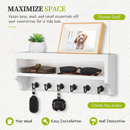 Nekon Key Holder Wall Mount, Pine Wooden Mail Organizer, White | 12.8"W x 5.6"H x 3.7"D Wall Mounted Key and Mail Organizer with 6 Key Hooks, Key Rack for Home Entryway Decor