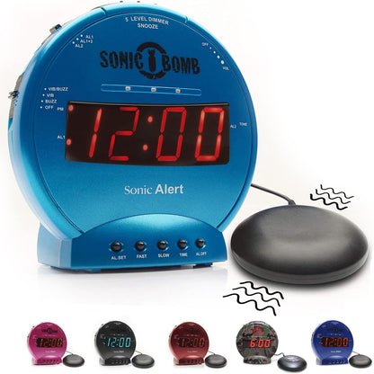 Sonic Alert Sonic Bomb Dual Alarm Clock with Bed Shaker, Black Vibrating Alarm Clock Heavy Sleepers, Battery Backup | Wake with a Shake