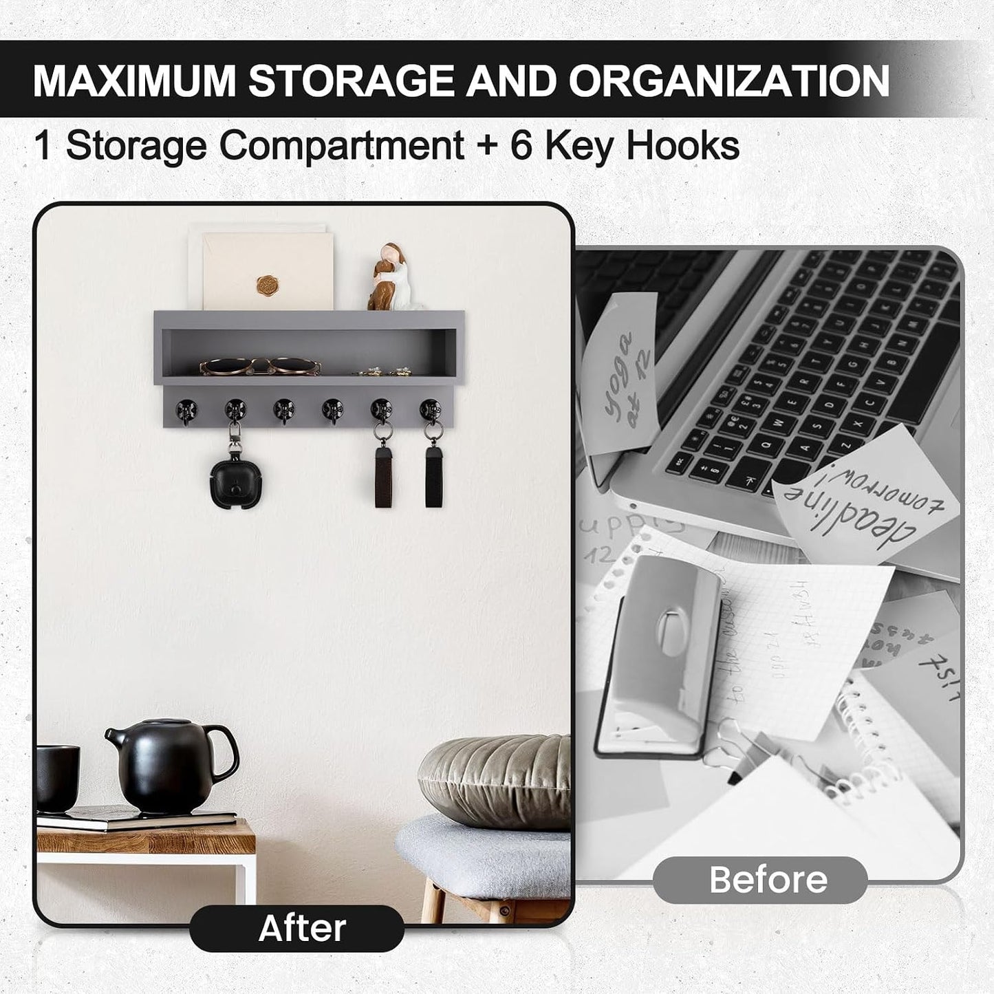 Key and Mail Holder Wall Mount with Long Storage Box and 6 Hooks | Key Holder For Coat, Dog Leash, Home Decor Rack, Entry Way Organizer