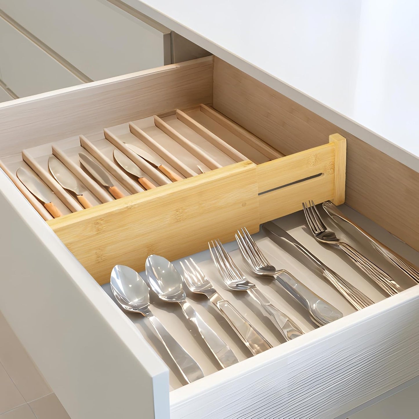 VaeFae 6-Pack Adjustable Bamboo Drawer Dividers, Expandable Drawer Organizer for Kitchen Utensils, Clothes, Bathroom, Office – Fits Drawer Interiors 16.6" to 21.8"