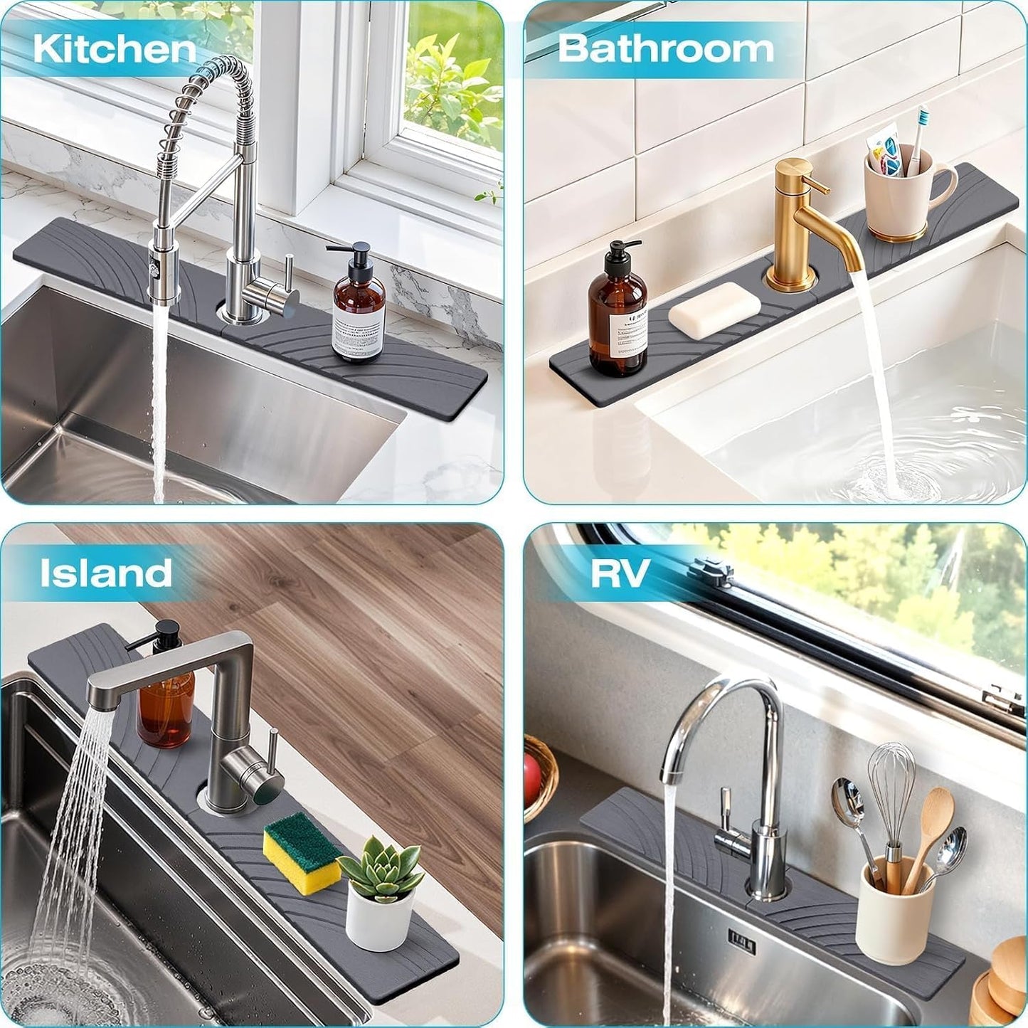 SpaceHacks Stone Faucet Mat for Kitchen Sink 23.7x4 in, Light Gray | Fast Drying Diatomite Stone Drying Mat, Water Splash Guard, Textured Drainage Sink Protector, Suits Bathroom&Kitchen Counter