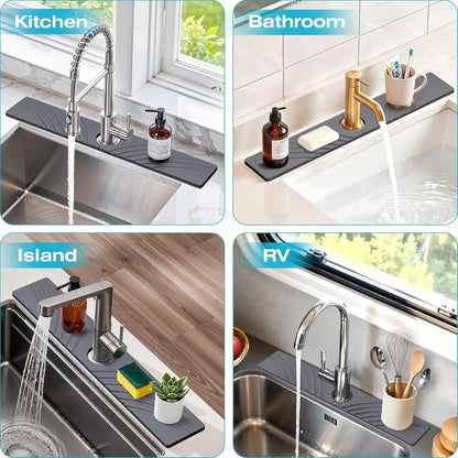 SpaceHacks Stone Faucet Mat for Kitchen Sink 23.7x4 in, Light Gray | Fast Drying Diatomite Stone Drying Mat, Water Splash Guard, Textured Drainage Sink Protector, Suits Bathroom&Kitchen Counter
