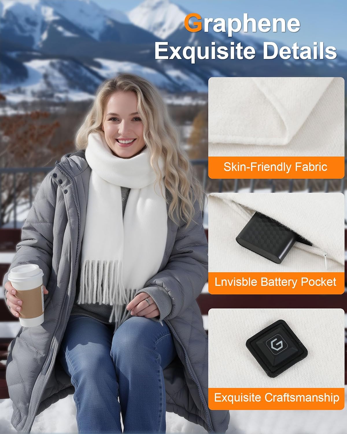 Wulcea Graphene Heated Scarf For Women 5V2A 6000mAh Fast Charge Large Capacity Battery