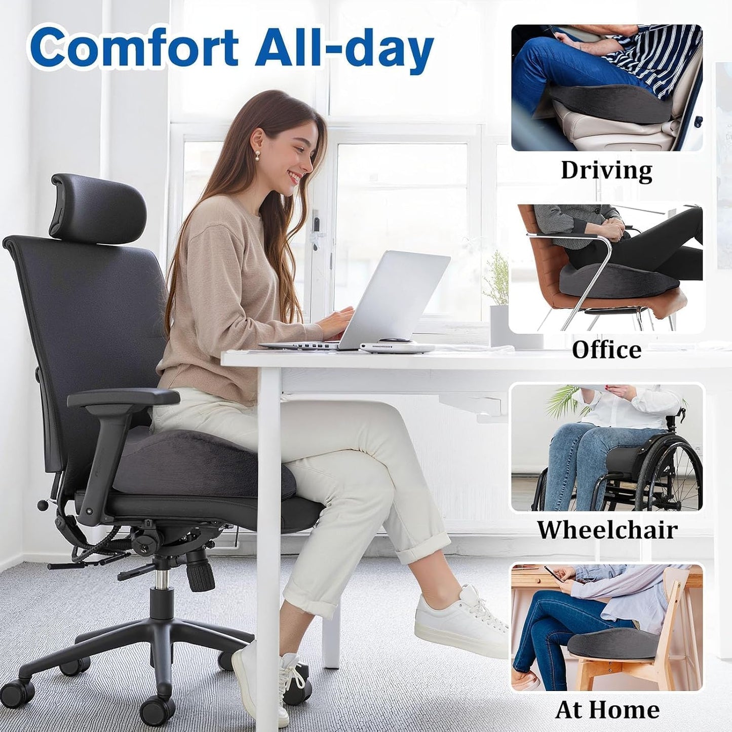 CushyOasis Seat Cushion, Gel Memory Foam Office Chair Cushions, (Black) | Chair Cushion, Anti-Slip Bottom & Removable Cover Tailbone Pain Relief Cushion, Memory Foam Seat Cushion for Office