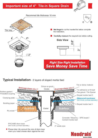 Neodrain 4" Brushed Square Shower Drain with Removable Tile Insert Grate | 304 Stainless Steel Tile Square Drain, Hidden Drain,Easy to Clean, Waterproof & Sturdy Shower Drain, CUPC Certified