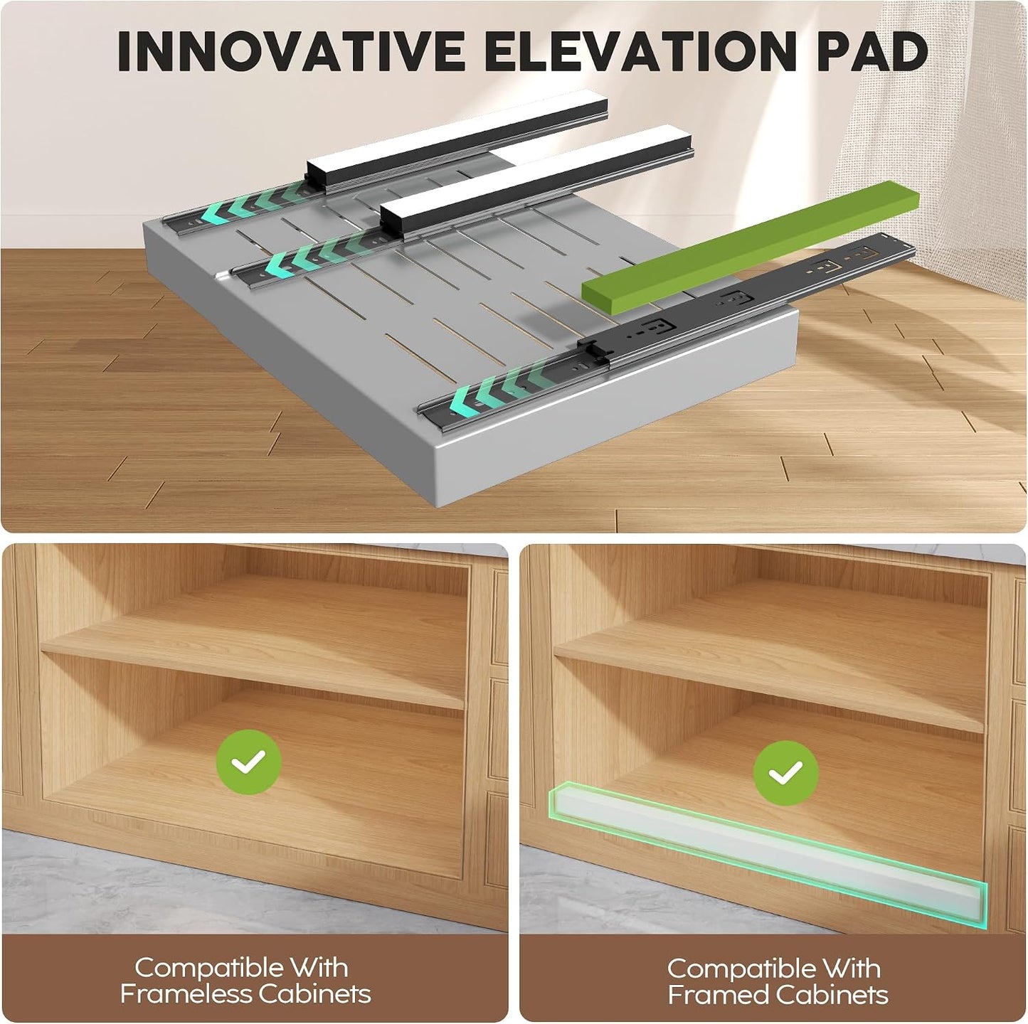 Seinloes 2 Pack Pull Out Cabinet Organizers 21"Deep with Raising Pad for Framed Cabinets,Expandable Slide Out Drawers Upgrade 3 Slide Rails,Roll Out Shelves Adhesive,Adjustable Width 12"-20.45" White