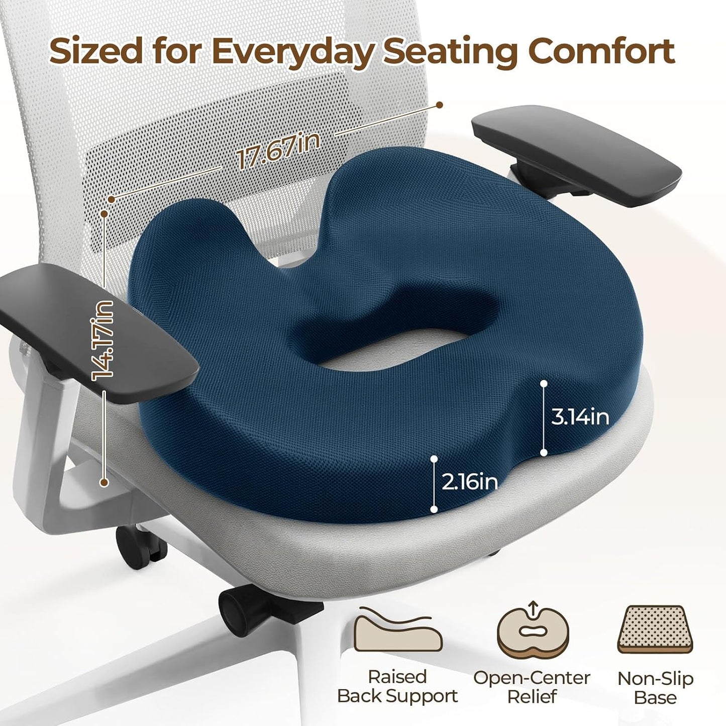 TushGuard Memory Foam Donut Pillow Seat Cushion with Raised Rear, Black | 7.5-Inch U-Shaped Opening Helps Reduce Tailbone Pressure; Washable Mesh Cover And Non-Slip Base Fit Office And Car Seats