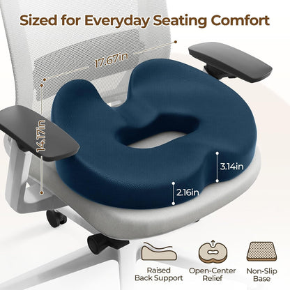 TushGuard Memory Foam Donut Pillow Seat Cushion with Raised Rear, Black | 7.5-Inch U-Shaped Opening Helps Reduce Tailbone Pressure; Washable Mesh Cover And Non-Slip Base Fit Office And Car Seats