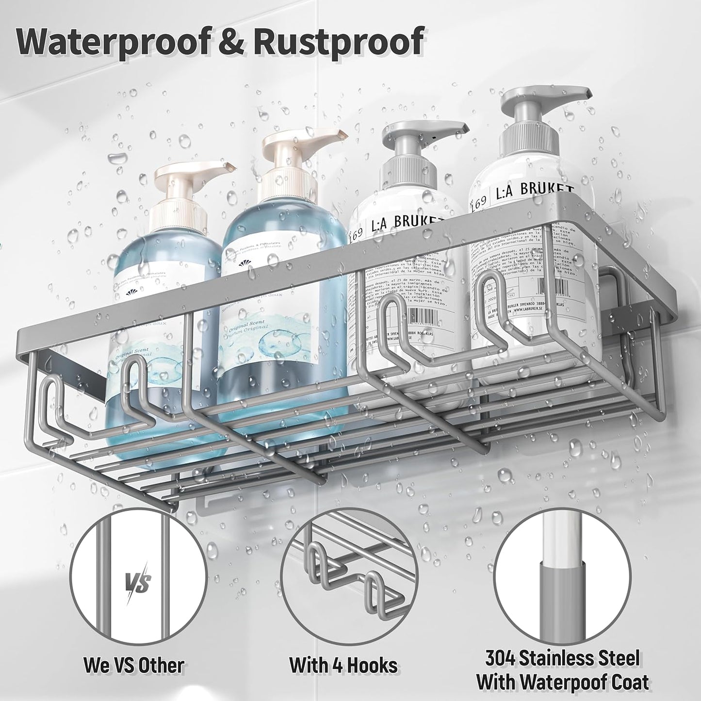 Liuoud 5 Pack Shower Caddy for Inside Shower, Gold Bathroom Storage Decor | Large Rustproof Stainless Steel Organizer with Strong Adhesive, No Drilling Wall Mounted Shelves, Bathroom Accessory Set