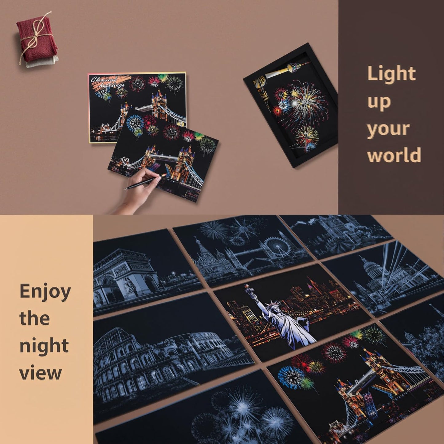 12-Sheet Rainbow Scratch Art Set with Tools, World Landmark Postcard Kit | Rainbow scratch paper and scratch cards with landmark views for a screen-free craft; finish each postcard to send or display