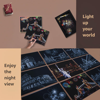 12-Sheet Rainbow Scratch Art Set with Tools, World Landmark Postcard Kit | Rainbow scratch paper and scratch cards with landmark views for a screen-free craft; finish each postcard to send or display