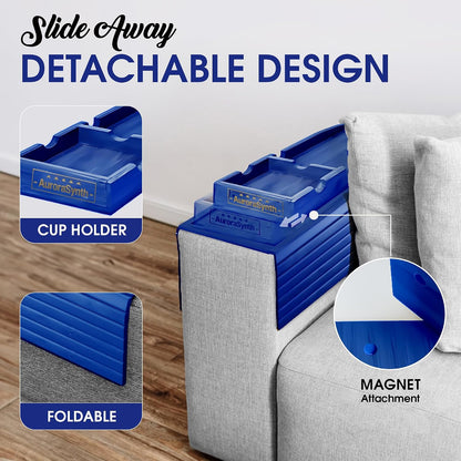 Bamboo Couch Cup Holder, 2 Cork Coasters, Anti-Slip Foldable Couch Arm Tray | 2 in 1 Foldable Sofa Arm Tray, Couch Armrest Table, Anti-Spill Couch Arm Table for Drinks TV Remote Cellphone Snacks