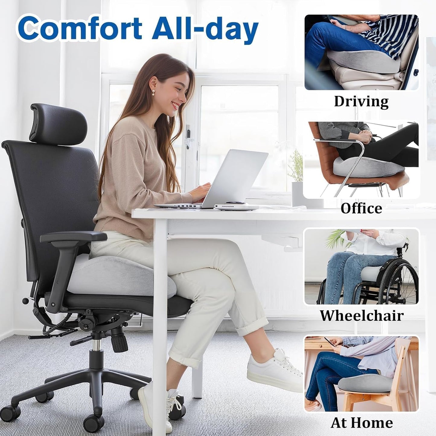 CushyOasis Seat Cushion, Gel Memory Foam Office Chair Cushions, (Black) | Chair Cushion, Anti-Slip Bottom & Removable Cover Tailbone Pain Relief Cushion, Memory Foam Seat Cushion for Office