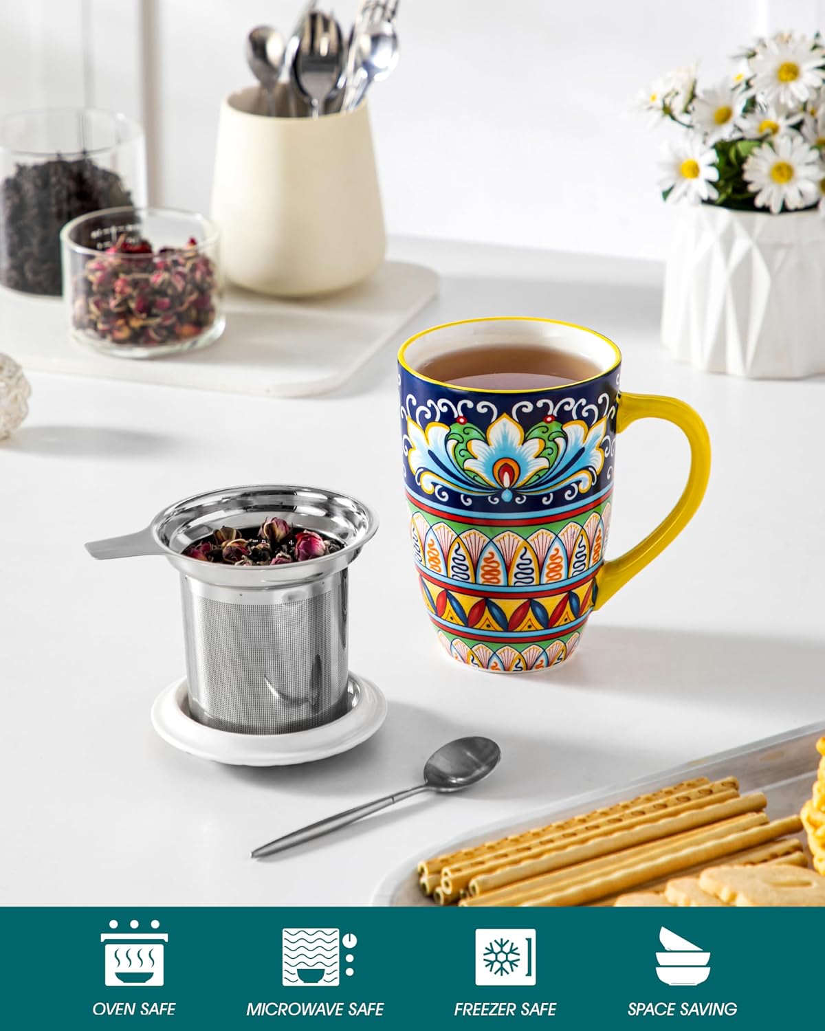 vancasso Ceramic Tea Mug with Infuser and Lid, 18 Ounce Bohemian Loose Leaf Cup, Microwave & Dishwasher Safe, Perfect for Tea, Coffee, Burnt-Cobalt Mandala