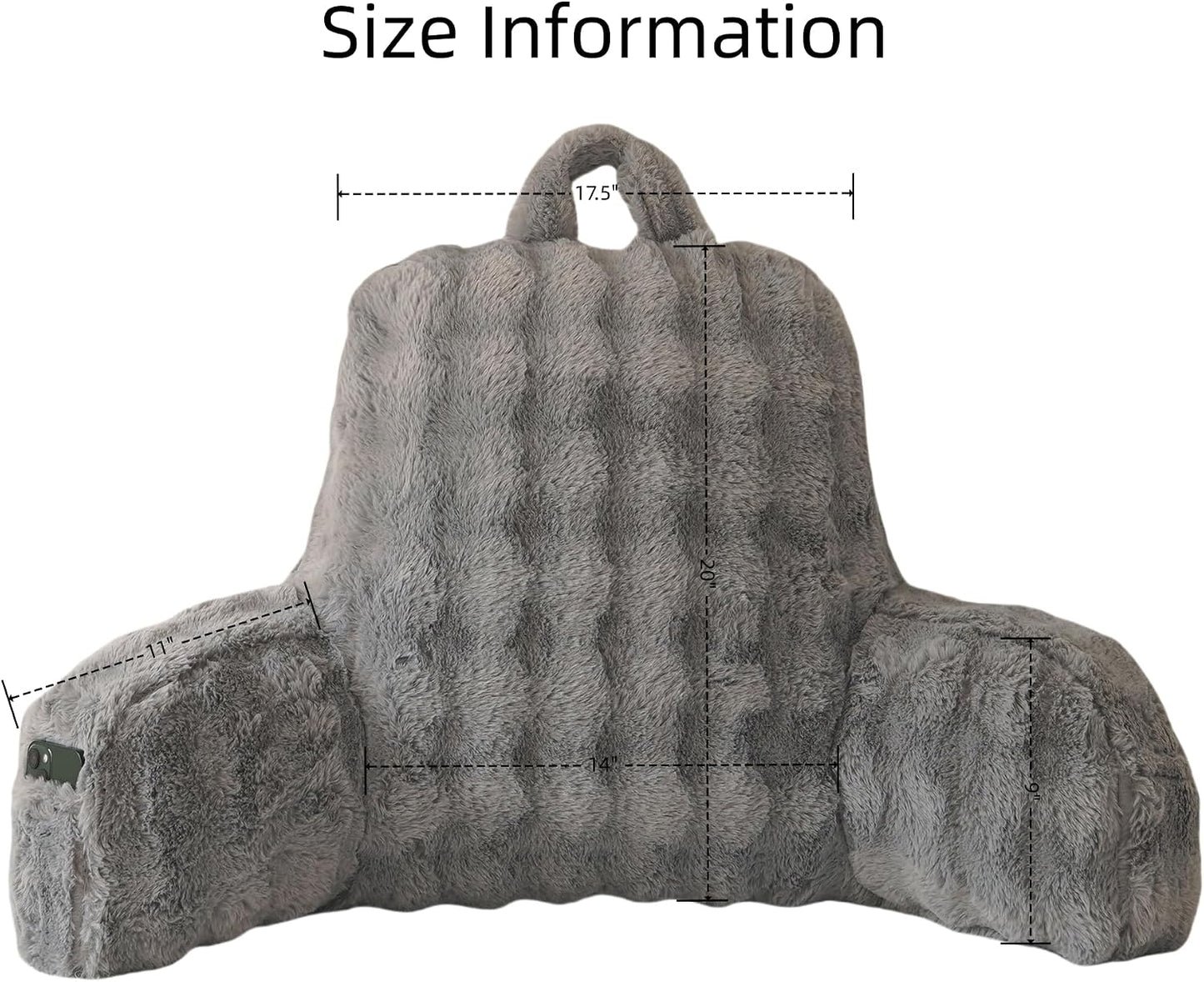 Faux Fur Reading Pillow for Sitting in Bed, Large Backrest Bed Pillow with Arms, Back Support Pillow for Lounging Bedrest, Beige