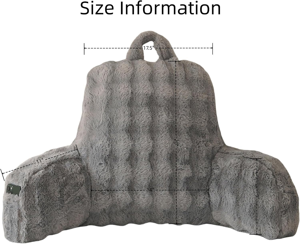 Faux Fur Reading Pillow for Sitting in Bed, Large Backrest Bed Pillow with Arms, Back Support Pillow for Lounging Bedrest, Beige