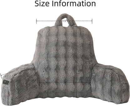 Faux Fur Reading Pillow for Sitting in Bed, Large Backrest Bed Pillow with Arms, Back Support Pillow for Lounging Bedrest, Beige