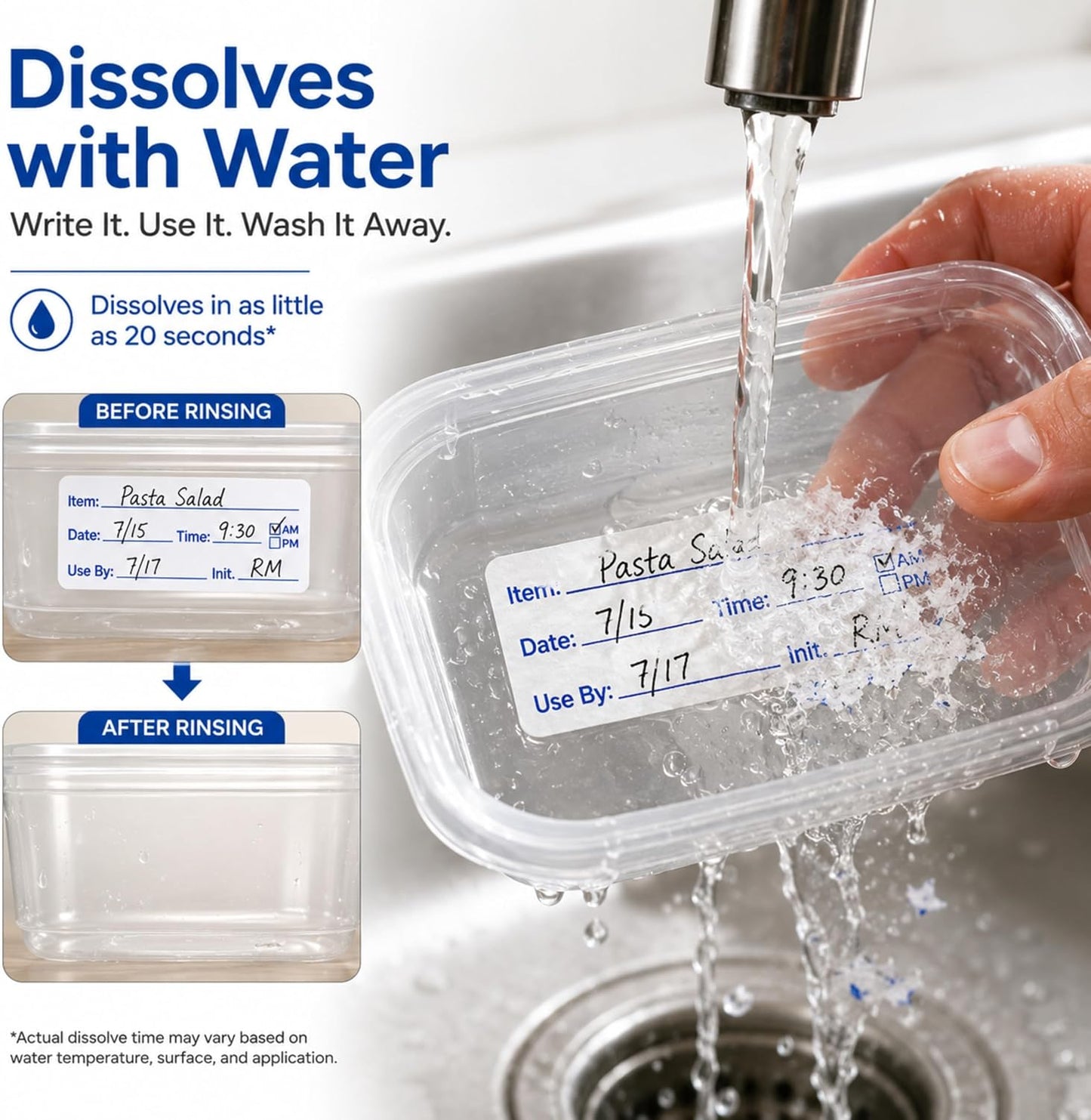 Water Dissolvable Food Prep Rotation Labels, 1 x 2, 500/Roll | Writable Prep Date and Use By Stickers for Homes, Restaurants, Kitchens, Freezers, Meal Prep and Food Storage. Made in USA
