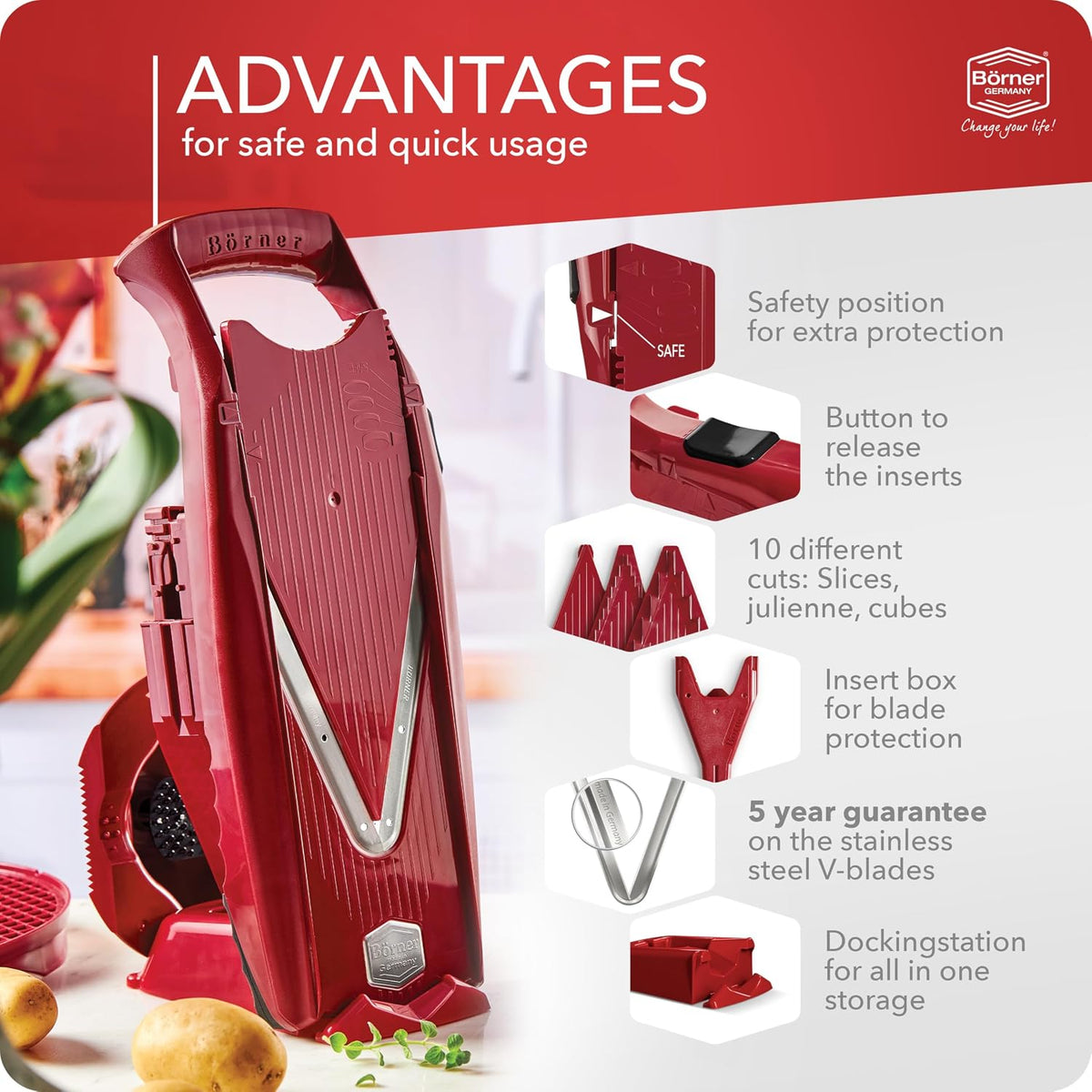 Mandoline Food Slicer Börner V5 (Profi Set) by Reston Lloyd • V-Slicer with 4 Inserts, Docking Station & Food Holder • Made in Germany • Fruit & Vegetable Chopper • Multiple Settings • Color: Lime