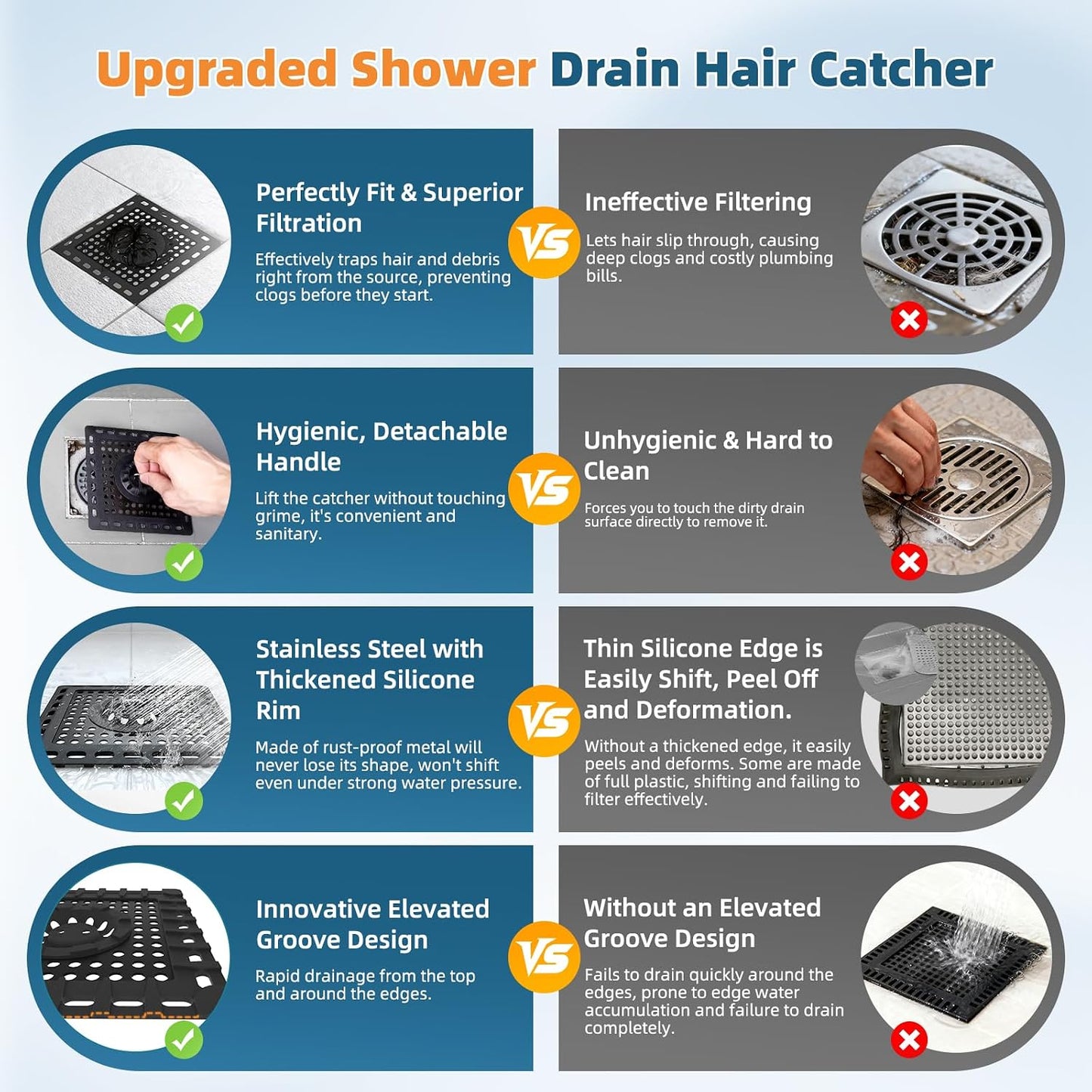 Hibbent Upgraded Shower Drain Hair Catcher for Bathroom Floor 4" Drain, Anti-Clogging Shower Drain Cover, Stainless Steel & Silicone Drain Strainer with Handle, Shower Drain Protector, Grey