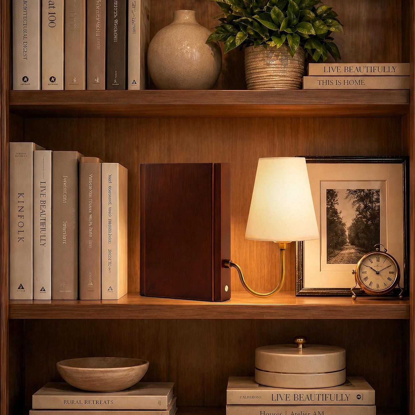 AELS Solid Wood Bookshelf Lamp with Bulb, Cordless Rechargeable Touch Dimmable Table Lamp with Linen Fabric Shade, Modern Decorative Bookend Lamp for Bedroom, Office & Bookshelf Decor, Dark Brown