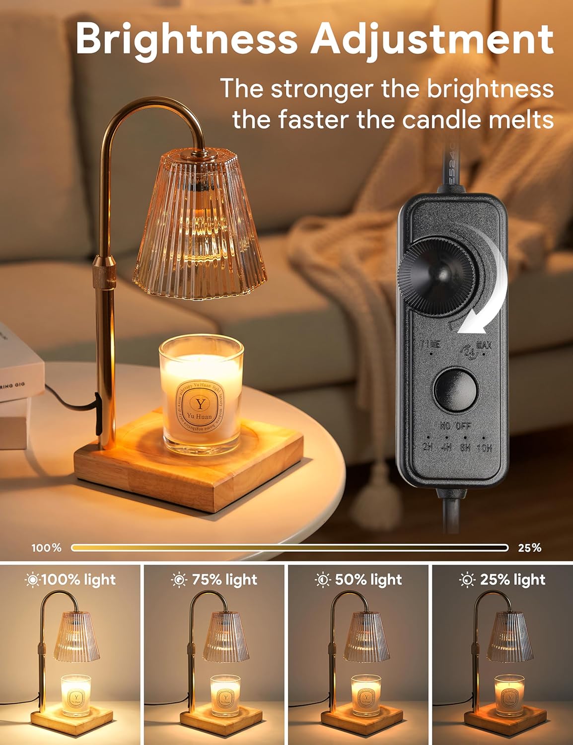 Candle Warmer Lamp Gold, Home Decor, Brithday Gifts for Women Mom | Stepless Brightness Adjustment, 24-Hr Cycle Timer, Adjustable Height for Candles, Includes 2 Bulbs, for Bedroom Living Room