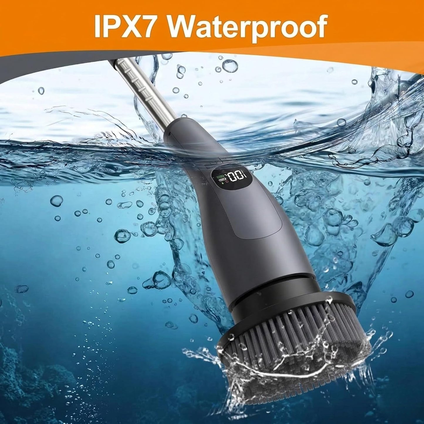 LIVINGPRO Electric Spin Scrubber for Bathroom Cleaning, Cordless Power Scrubber with 70W Dual Speed Motor, LCD Display, IPX7 Waterproof, Adjustable Handle, 7 Brush Heads for Tub Tile Shower Kitchen