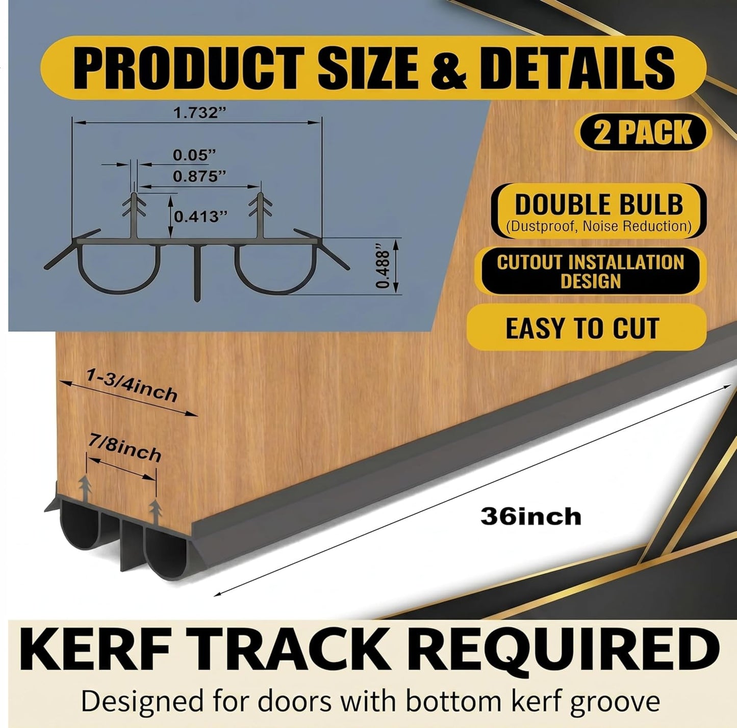 Exterior Door Sweep [2 Pack] – 36 Inch Kerf Weather Stripping with Dual Air Tube Seal & Vinyl Fins | Under Door Bottom Seal Strip for Exterior Doors with Kerf Track | Quiet & Tight Fit