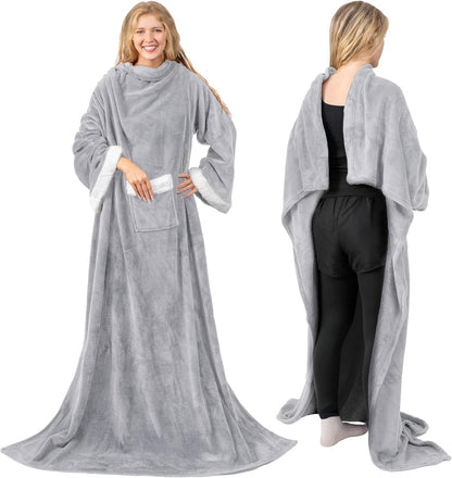 PAVILIA Wearable Blanket with Sleeves and Pocket for Women Men, Sherpa Trim