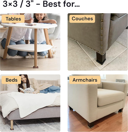 Non-Slip Furniture Pads - 4x4 in Brown, 4 Pack | Square rubber caster cups - anti-skid - Use for heavy sofas, beds & chairs on hardwood floors