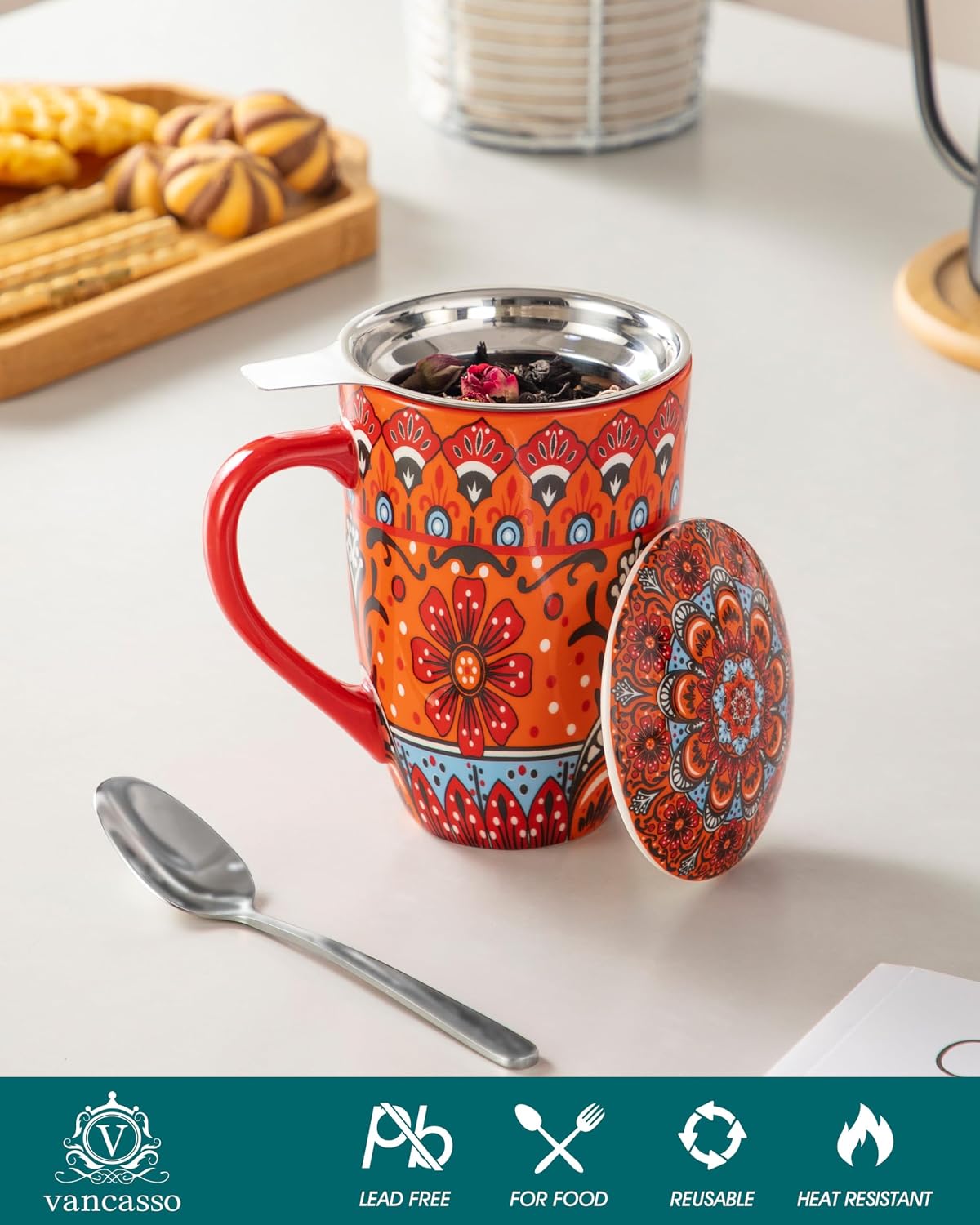 vancasso 18 Oz Tea Infuser Mug with Lid, Mint Petal Whirl | Eye catching Bohemian pattern, adds charm to any tea corner, ceramic mug with infuser, microwave and dishwasher safe