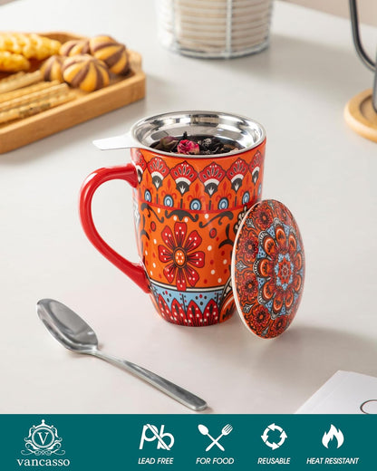 vancasso 18 Oz Tea Infuser Mug with Lid, Mint Petal Whirl | Eye catching Bohemian pattern, adds charm to any tea corner, ceramic mug with infuser, microwave and dishwasher safe