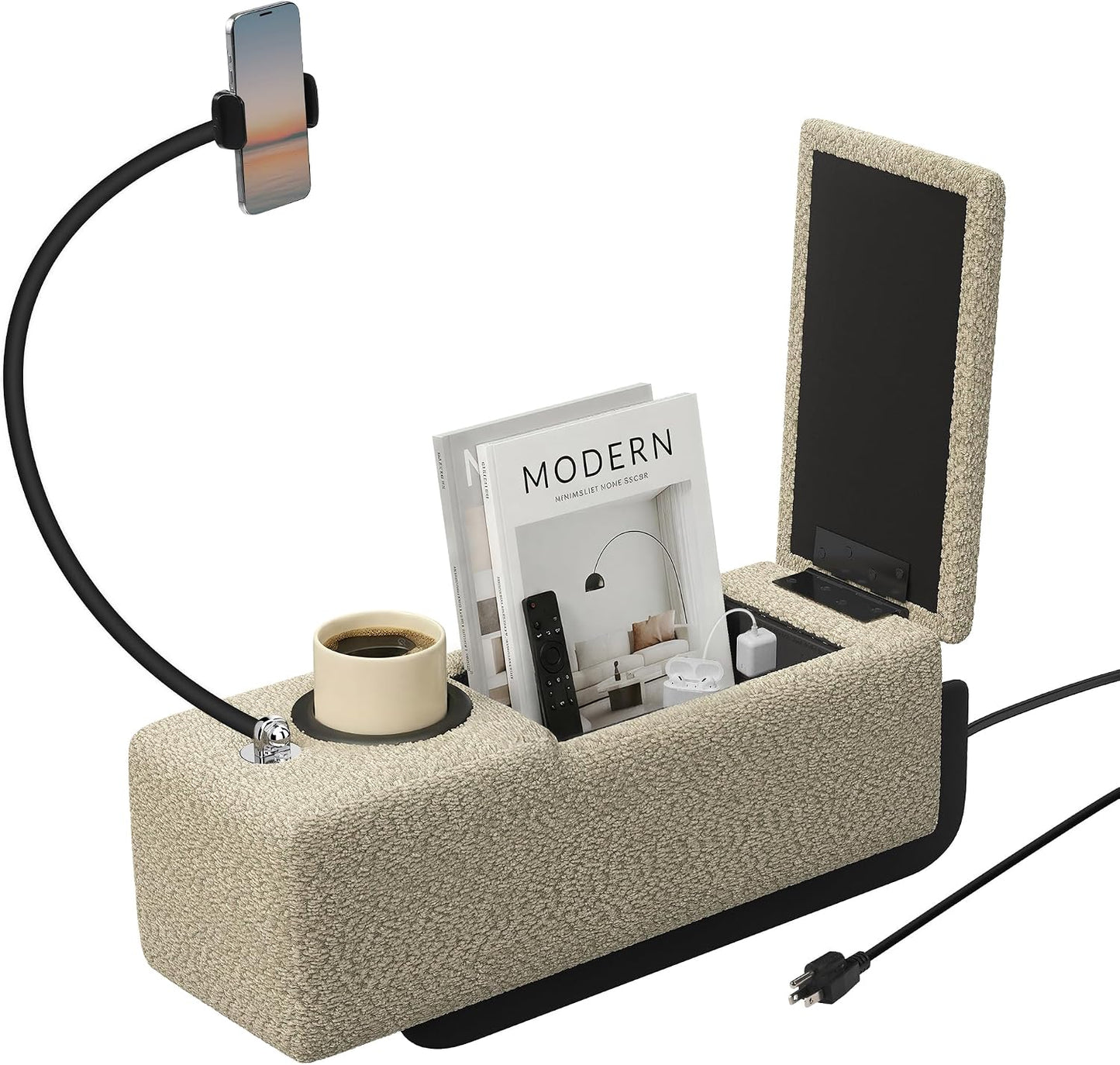 Couch Caddy with Cup Holder, 20.3 Inch White Armrest Console | Removable Sofa Armrest Organizer with Charging and Phone Holder, Storage for Remotes, Snacks and Everyday Essentials