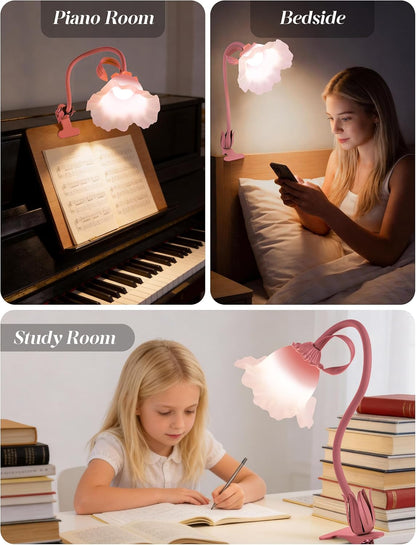 Flower Clip On Desk Lamp for Home and Dorm - Cute Floral Clip On Bedside Book Reading Light, Pink Flower Bunk Bed Lighting, Kawaii Led Flexible Gooseneck Table Lamp for Headboard with Clamp