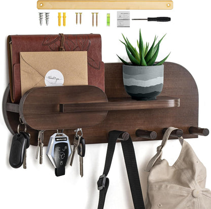 Solid Wood Mail and Key Holder for Wall Decorative Display - Includes Mail Holder, Shelf with Hooks for Keys & Pegs for Hanging Hats, Coats, Bags, Backpacks & More - Sleek Modern Design, Walnut Brown
