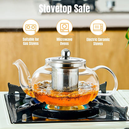 Baalaka Glass Teapot 18.6oz/550ml, Tea Pot with Removable Infusers for Loose Tea, Borosilicate Glass Tea Kettle Tea Maker Stovetop for Camping, Tea Infuser for Loose Leaf Tea Travel | Borosilicate glass tea kettle with infuser; steel strainer for loose