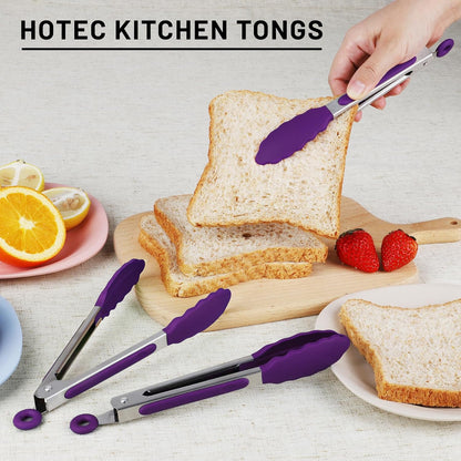 Hotec Mini Silicone Kitchen Tongs for Cooking - 7-Inch Small Serving Tongs with Silicone Tips, Set of 3 (Black,Grey,Light Blue)