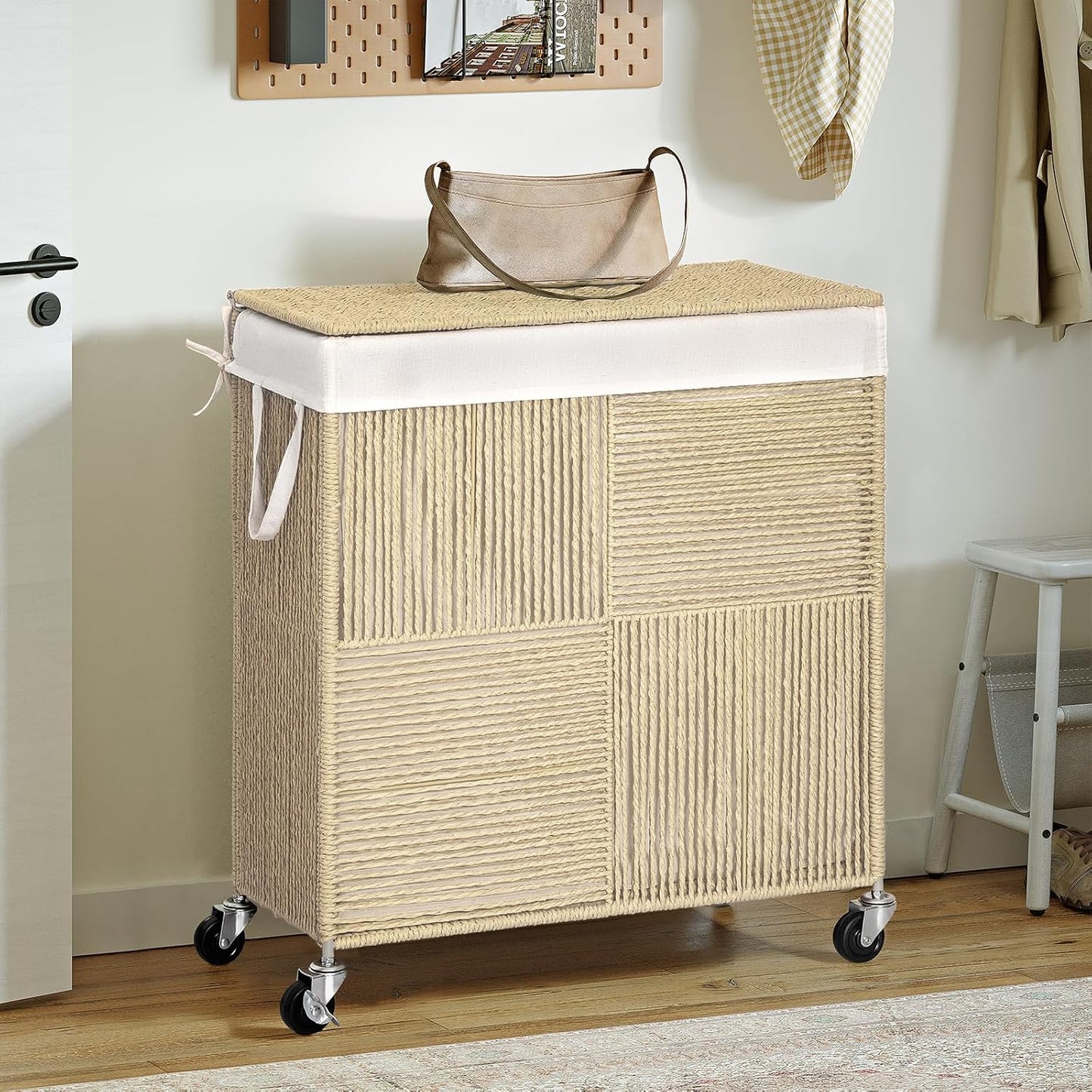 WOWLIVE Double Laundry Hamper with Wheels, Handwoven Rolling Laundry Basket | 115L Dirty Clothes Hamper with Lid, Removable Liner Bag, Large Capacity Laundry Sorter Laundry Room Organization, Green