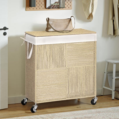 WOWLIVE Double Laundry Hamper with Wheels, Handwoven Rolling Laundry Basket | 115L Dirty Clothes Hamper with Lid, Removable Liner Bag, Large Capacity Laundry Sorter Laundry Room Organization, Green