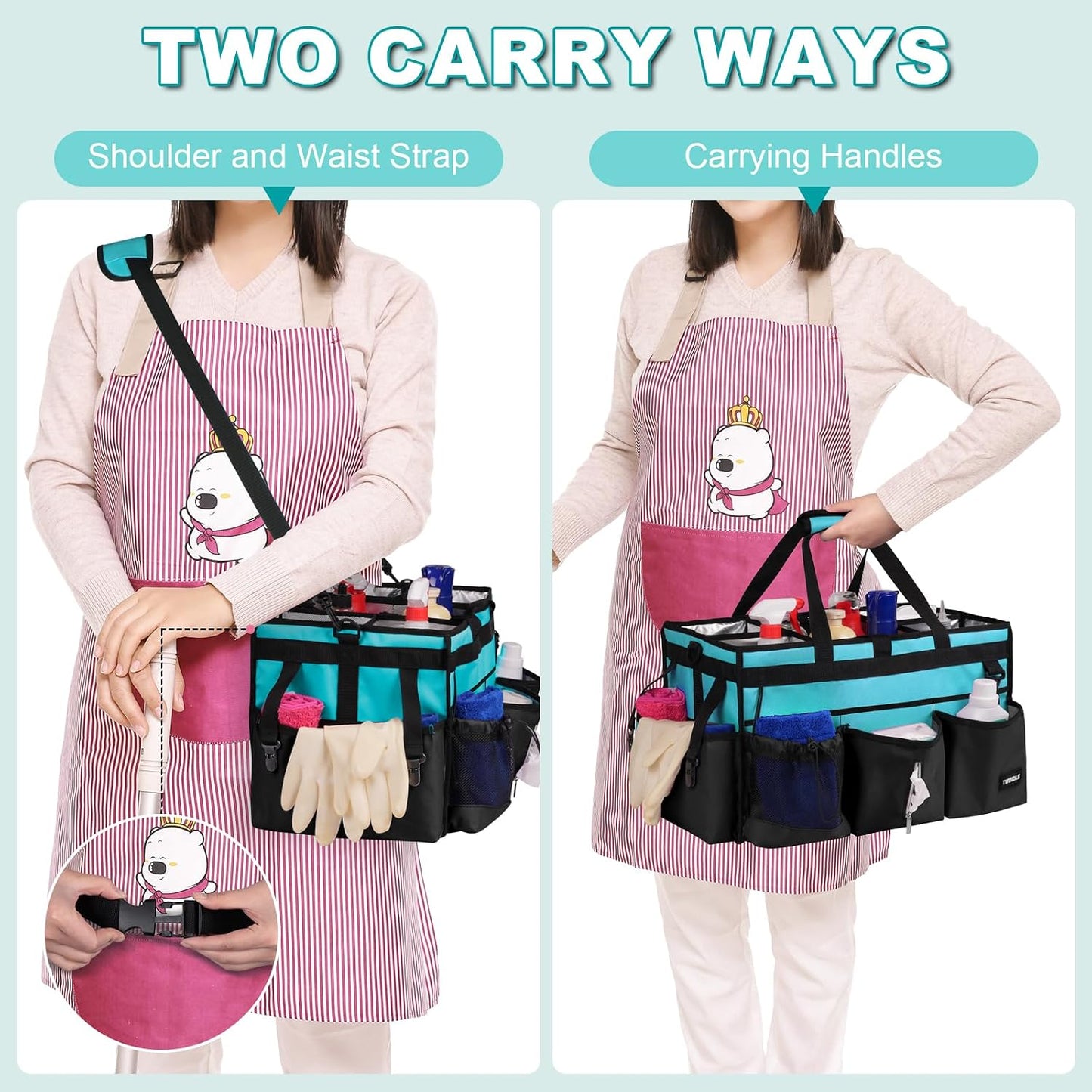 Extra Large Cleaning Caddy Bag with Built-In Support Board, Cleaning Tote Organizer with Removable Divider, Supply Carryall with Adjustable Shoulder Strap and Waist Belt for Cleaners & Housekeeper