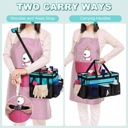 Extra Large Cleaning Caddy Bag with Built-In Support Board, Cleaning Tote Organizer with Removable Divider, Supply Carryall with Adjustable Shoulder Strap and Waist Belt for Cleaners & Housekeeper