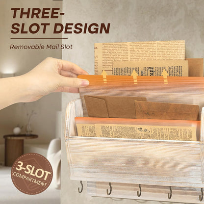 Rebee Vision Pine Wood Key Holder Wall Mount with Mail Sorter, Light Brown | Display Shelf, 8 Key Hooks, 3 Mail Sorters, Mail Organizer for Letters, Papers, Key Holder for Wall, Keep Entryways Tidy