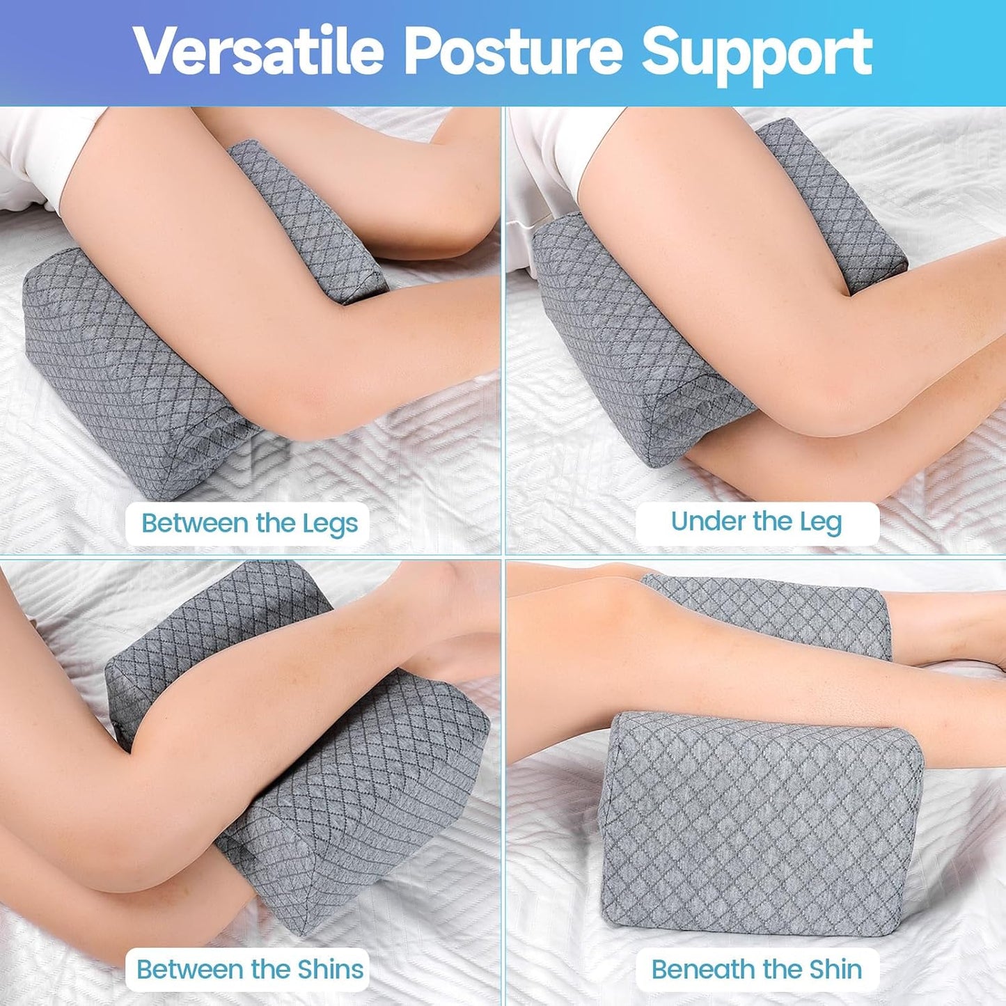 CloudBliss Cooling Gel Knee Pillow for Side Sleepers, Memory Foam, White | Contoured leg pillow, high-density foam, removable machine-washable cover, breathable fabric, hip and knee support