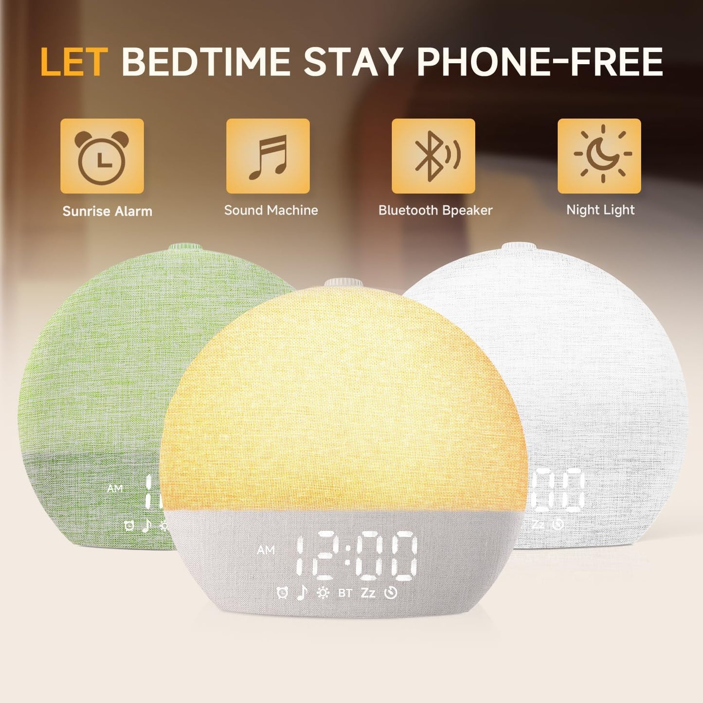 Geuuap Sunrise Alarm Clock White Noise Machine with Bluetooth Speaker,Khaki | 30 Soothing Sounds, 17 Dimmable lights, Simulated Sunrise, Backup Battery Memory, Auto-off Sleep Timer, Screen-Free Design